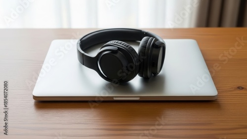 Black headphones resting on a closed silver laptop on a wooden table