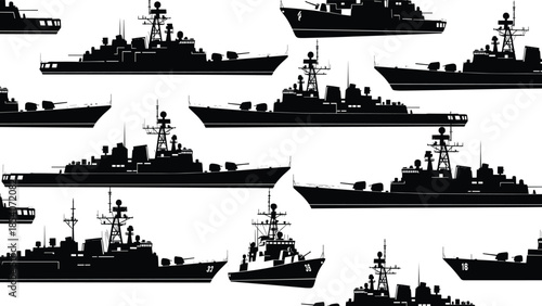 Military warship silhouettes collection, naval destroyers and patrol boats, maritime defense fleet, armed forces vessels, black vector illustration
