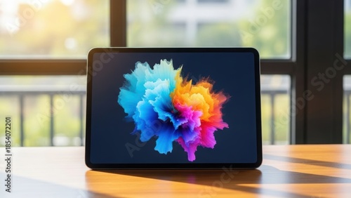 Tablet displaying vibrant abstract colorful smoke explosion