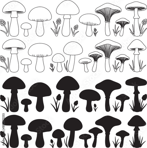 Mushroom silhouettes and outline illustrations set