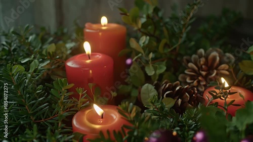 Cozy Christmas Still Life Scene with Red Candles, Pinecones, and Greenery