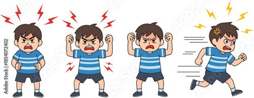 Angry kid emotions vector illustration set showing rage, frustration, tantrum and running behavior in cartoon style