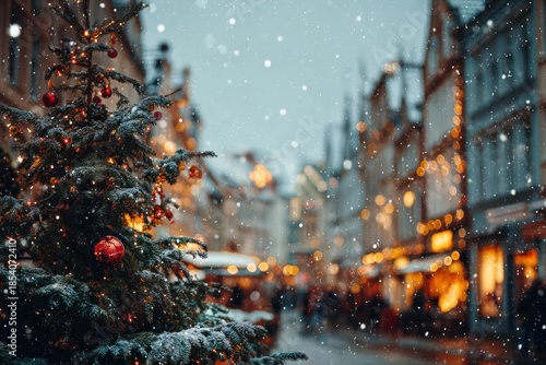 Festive christmas tree decorated with ornaments and lights on a snowy european street at dusk