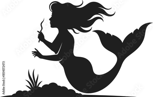 Mermaid Silhouette Illustration on Transparent Background