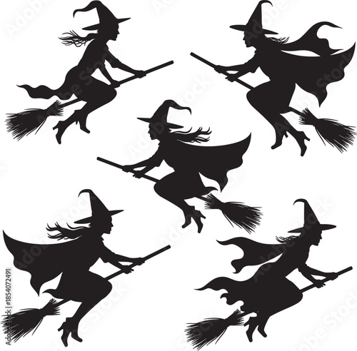 silhouette of witches flying on brooms isolated