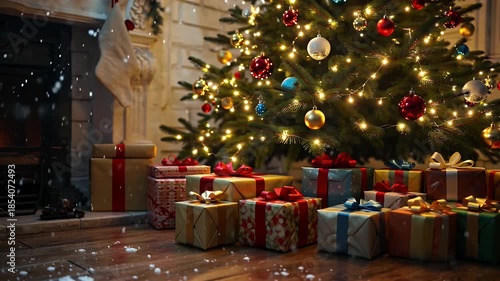 Cozy Christmas Living Room Scene Featuring a Brightly Decorated Tree and Abundant Gift Boxes