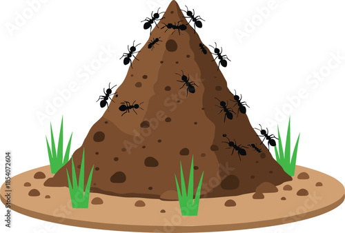 Ant hill mound vector illustration with crawling ants, soil and grass representing insect habitat and nature scene