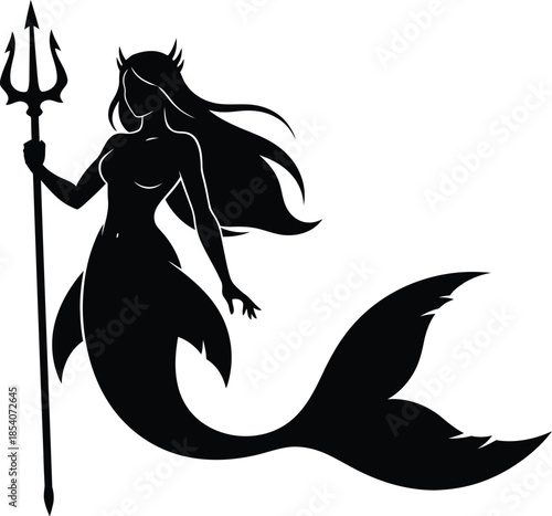 Mysterious Mermaid Silhouette with Trident on Transparent Background