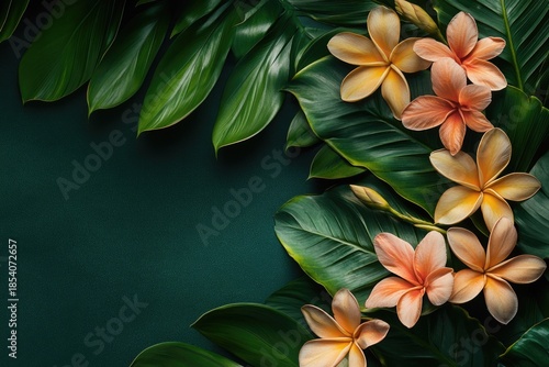 Elegant tropical composition with plumeria flowers and lush green leaves on dark background. Natural colors, botanical harmony, refined floral scene, for luxury branding, wellness design, cosmetics