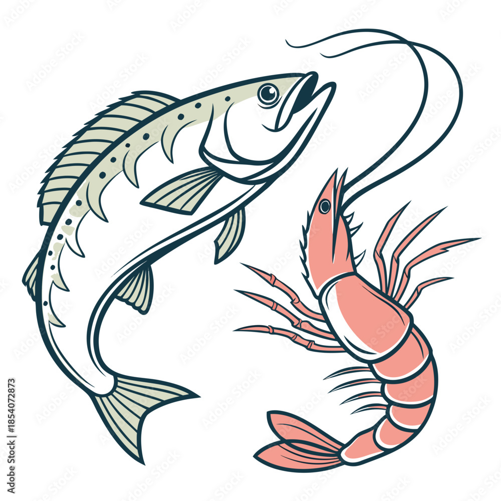 Fototapeta premium Fish And Shrimp Combination Clean Vector White B
