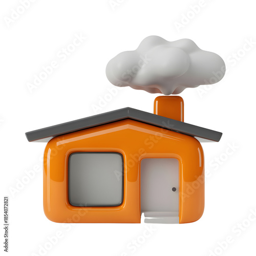 Orange House with Smoke Coming out of Chimney
