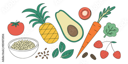 Healthy Vegan Food Ingredients  Flat Vector  White