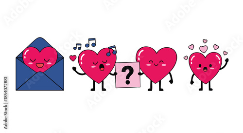 Animated red hearts interacting in a whimsical display with musical notes and a question mark for expressive graphic elements