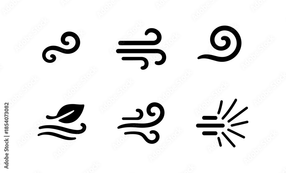Fototapeta premium Collection of six black wind icons representing different weather conditions and air movement