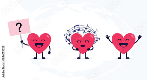 Happy cartoon hearts express emotions through a question mark sign, musical notes, and joyful gestures against a clean white background