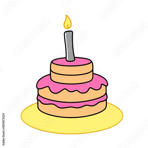 Simple two tier birthday cake with pink icing and candle