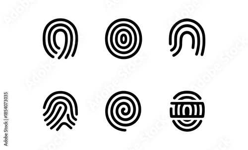 Collection of six unique fingerprint icons in black and white, representing identity and security