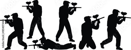 Paintball player silhouette set showing action combat shooting poses isolated on white background illustration extreme sport teamwork strategy concept