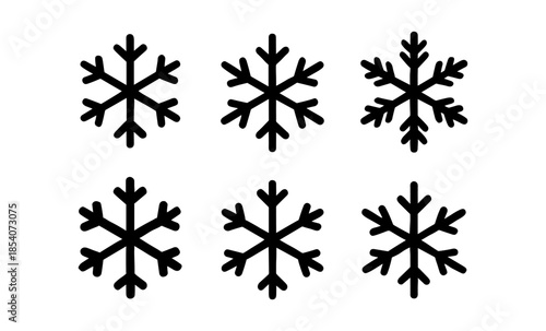 Collection of six black snowflake icons on a white background