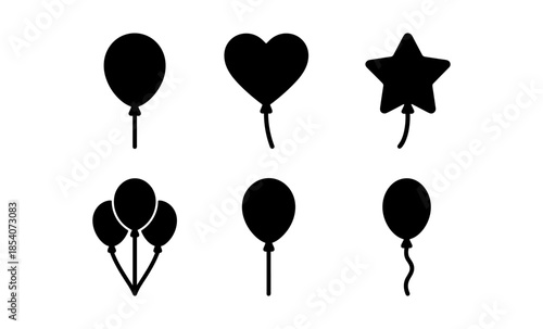 Collection of six black balloon icons in different shapes and arrangements on white background