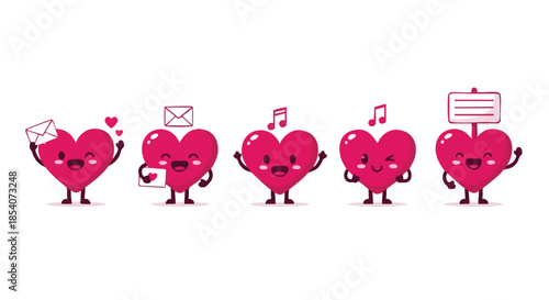 Expressive cartoon hearts conveying emotions and actions with symbolic items on a clean white background