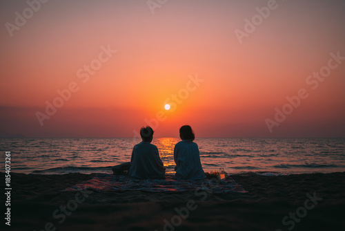 Two people sitting on a beach blanket enjoying a sunset view over the ocean