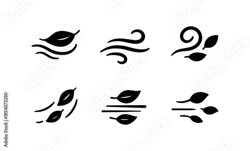Set of black icons representing wind and leaves blowing in different directions