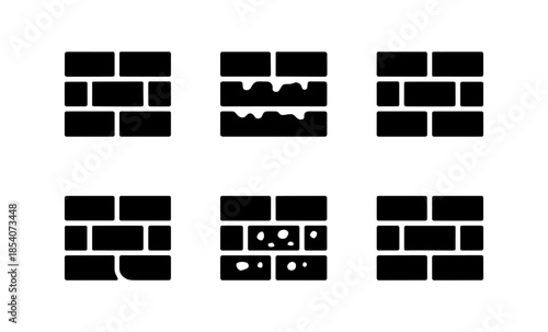 Collection of black brick wall icons showing different states of damage and repair