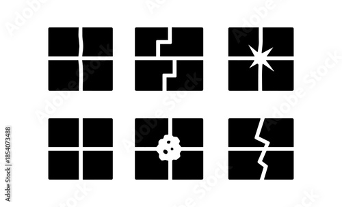Set of six icons representing different types of window damage and breakage
