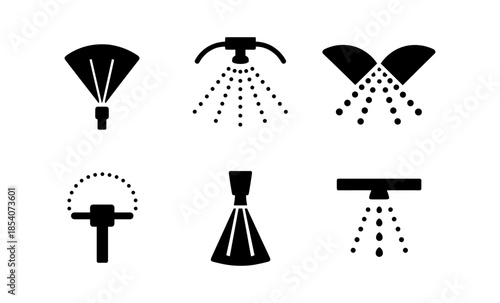 Collection of black icons representing different types of sprinklers and water spray patterns