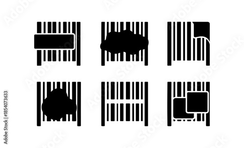 Set of six black barcode icons with various damage and obscuring elements