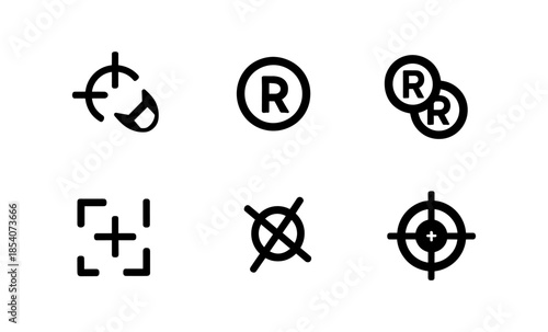 Collection of six simple black icons representing target, registered trademark, and dry cleaning symbols