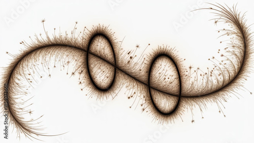 Abstract brown particle swirl on white background, Organic coffee dust spiral with dispersion, Earthy brown ribbon with scattered granules, Dynamic cocoa powder twist with motion