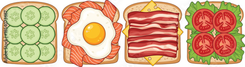 Breakfast toast sandwiches vector set with egg, bacon, salmon, cucumber and tomato toppings illustration