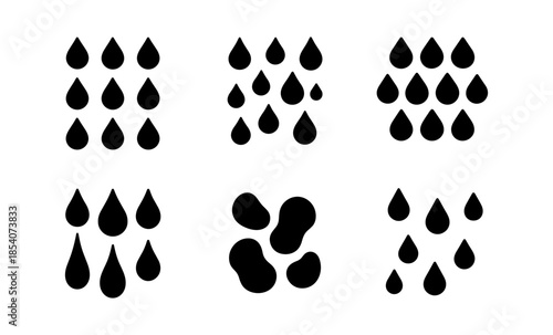 Collection of black water drop icons and abstract shapes on a white background