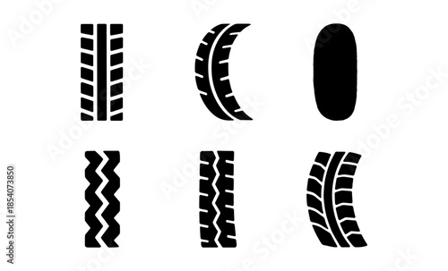Collection of six different tire tread patterns and tire marks on a white background