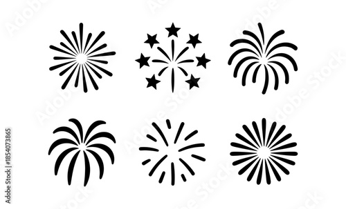 Collection of six stylized black fireworks icons on a white background