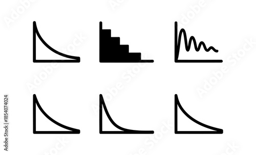 Collection of six simple line graphs and icons representing decay and decline