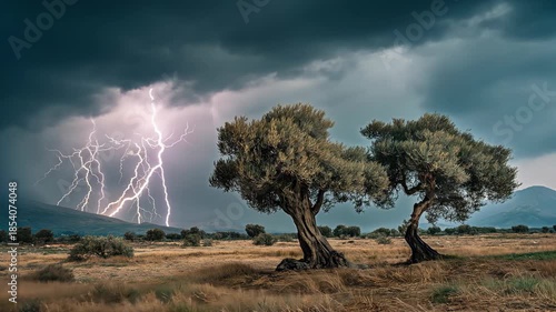 : A dramatic scene of two olive trees standing beneath a dark, storm-filled sky as lightning flashes through heavy black clouds. The powerful composition symbolizes the biblical “Two Witnesses,”