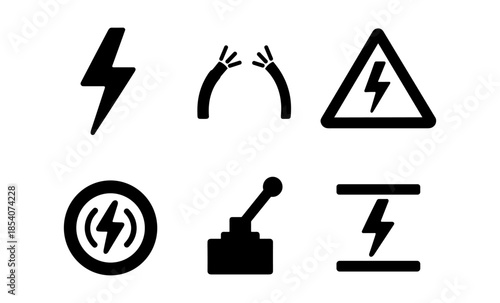 Collection of black electricity and power icons on a white background
