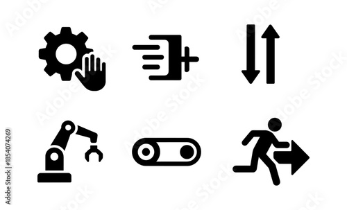 Set of industrial icons representing automation, manufacturing, and logistics processes