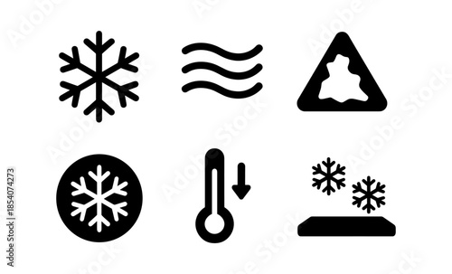 Collection of winter weather and cold temperature icons including snowflakes and thermometer