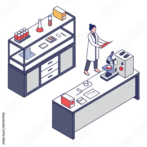 Scientist in laboratory with microscope and test tubes