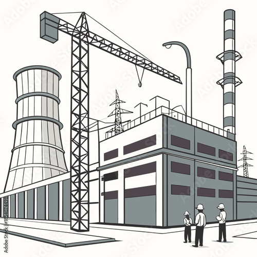 Industrial construction zone with power plant and workers