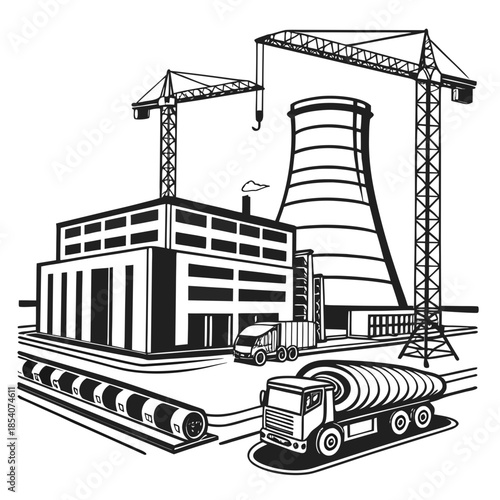 Black and white of a power plant construction site with crane and truck