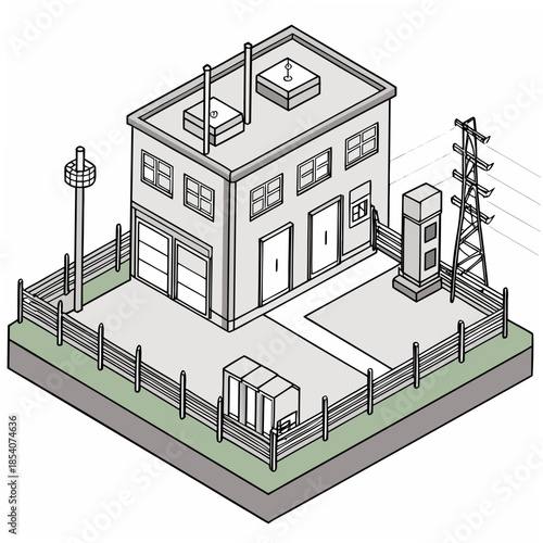 Industrial power facility layout showing substation and transmission tower