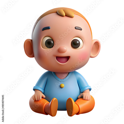 A cute little toddler boy with a joyful smile sitting next to a funny cartoon bear toy in a vector clip art illustration of childhood fun