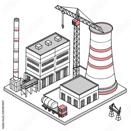 Isometric view of a power plant with cooling tower and crane
