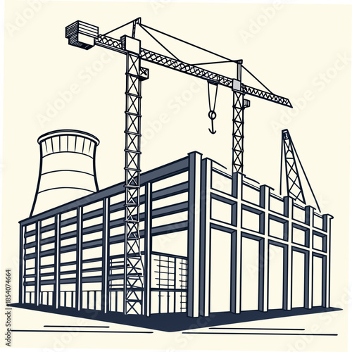Power station under construction with visible frame and crane