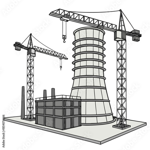 Construction site with cooling tower and cranes power plant 1
